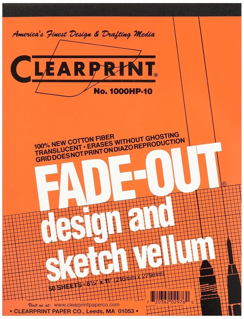 Clearprint 8-1/2" x 11" 1000H Design Vellum Pad with Printed Fade-Out 10x10 Grid, 16 lb., 100% Cotton, 50 Sheets, 1 Each